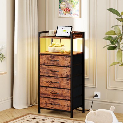 Furnulem Tall Nightstand with Charging Station and Drawers, Bedside Table with 4/5 Fabric Drawers, LED Lights and 2 Storage Shelves
