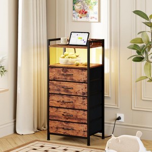 Furnulem Tall Nightstand with Charging Station and Drawers, Bedside Table with 4/5 Fabric Drawers, LED Lights and 2 Storage Shelves - 1 of 4