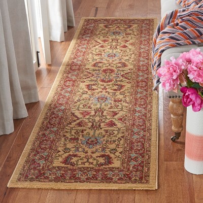 Elegant Red and Beige Floral Bordered 2'2" x 8' Synthetic Runner Rug
