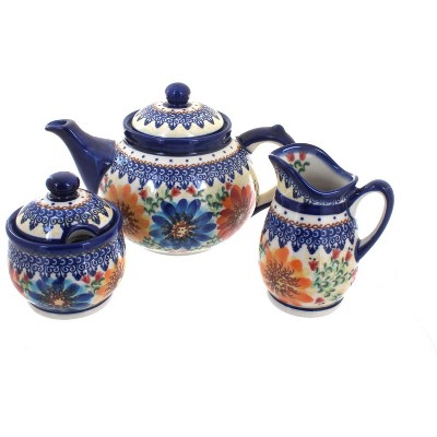 Blue Rose Polish Pottery 1700 Vena 3 Piece Tea Set