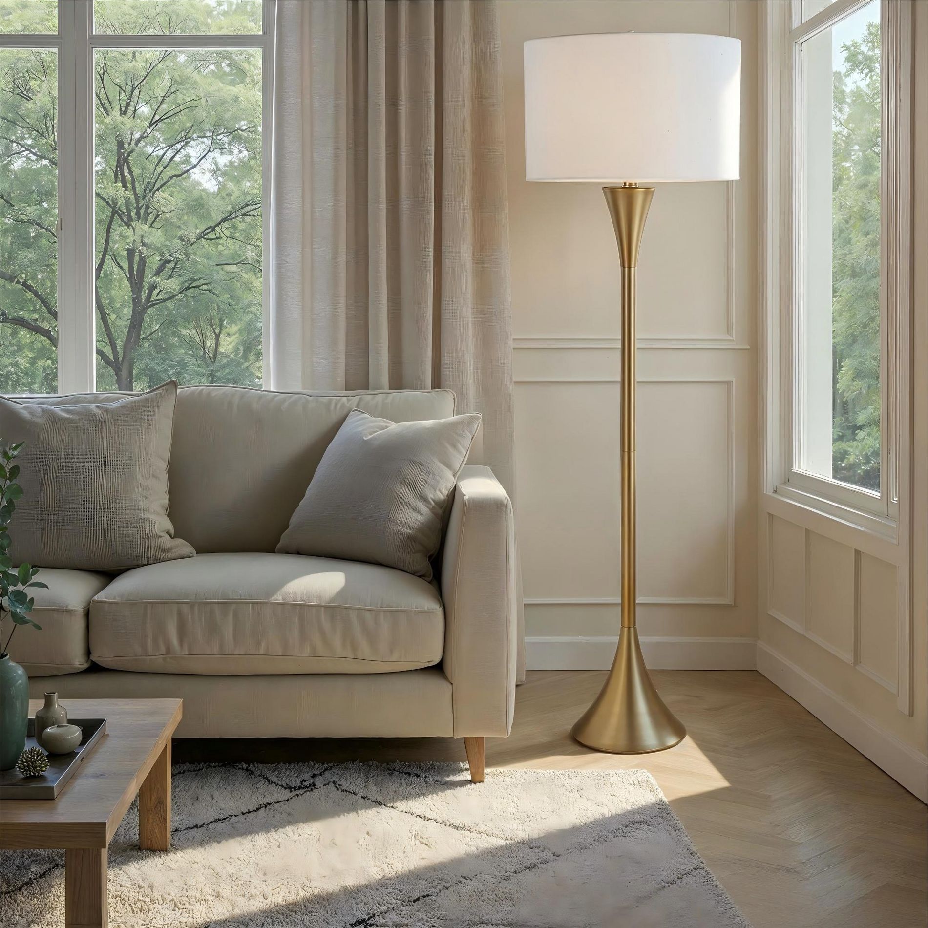 Contemporary Gold Hourglass Floor Lamp with Fabric Drum Shade and Metal Finial, 65 Inch Tall for Modern Decor