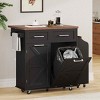 Farmhouse Kitchen Island with Drop Leaf, Kitchen Island with Removable Side Shelf and Trash Bin Cabinet, MDF Frame Kitchen Island-Coolbibila - 2 of 4