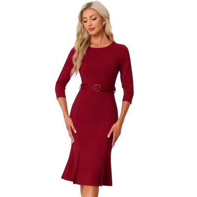 INSPIRE CHIC Women's Elegant Office 3/4 Sleeve Belted Slit Fishtail Sheath Dresses