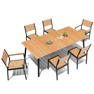 Crestlive Products 7pc Aluminum Patio Dinning Set 72in Table and 6 Chairs Plastic Wood Top with Umbrella Hole for Outdoor Pool Lawn
