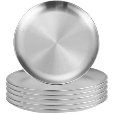 LunaLulinlk 6 Pieces 9 Inch Stainless Steel Dinner Plates, Reusable Brushed Metal Dinner Plates, Metal Dinner Dishes