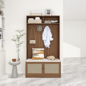 CAVINAS Hall Tree with 3 Hooks Modern Coat Rack with Storage Bench and Rattan Cabinet Door for Hall - 1 of 4
