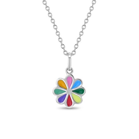 925 Sterling Silver Rainbow Enamel Daisy Necklace Jewelry Set