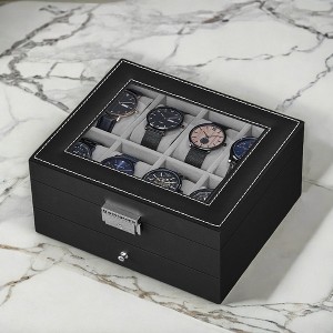 8-Slot Watch Box, Lockable Case with Glass Lid, 2 Layers Perfect Gift Idea Synthetic Leather - 1 of 3