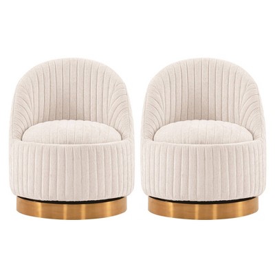 Cream Boucle Swivel Barrel Chairs with Gold Base, Set of 2