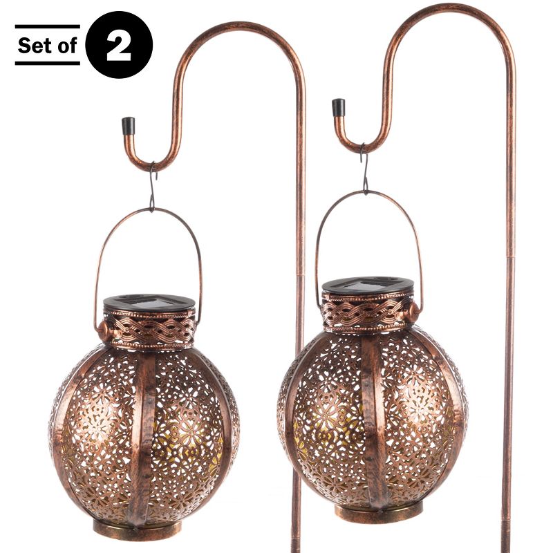 Set of 2 Solar Outdoor Lights - Hanging or Tabletop Rechargeable LED Lantern Set with 2 Shepherd Hooks for Outdoor Decor by Pure Garden (Bronze), 2 of 13