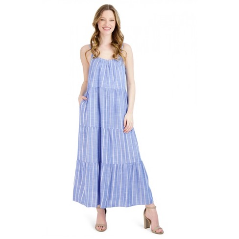 Robbie Bee - Women's Sleeveless Tiered Skirt Maxi Dress - White/blue ...