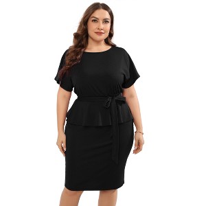 YESFASHION Women Plus Size Bodycon Elegant Midi Dress Peplum Business Work Office Sheath Pencil Cocktail Party Dress with Belt - 1 of 4