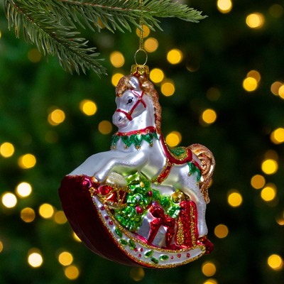 5" White and Red Glittered Rocking Horse Glass Ornament