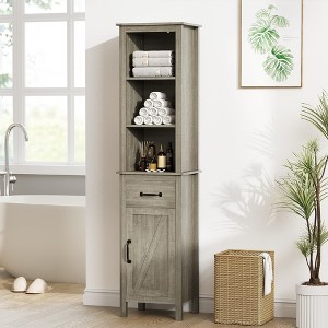 Narrow Farmhouse Bathroom Storage Cabinet with Adjustable Shelves, Barn Door, and Drawer¡ªTall Slim Organizer - 1 of 4