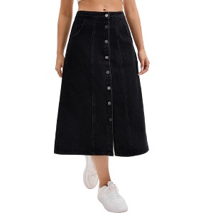 INSPIRE CHIC Women's Denim Button Down Front Slit High Waisted Pockets A Line Midi Skirts - 1 of 4