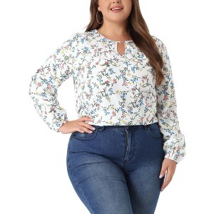 Agnes Orinda Women's Plus Size Chiffon Keyhole Long Sleeve Floral Blouses - 1 of 4