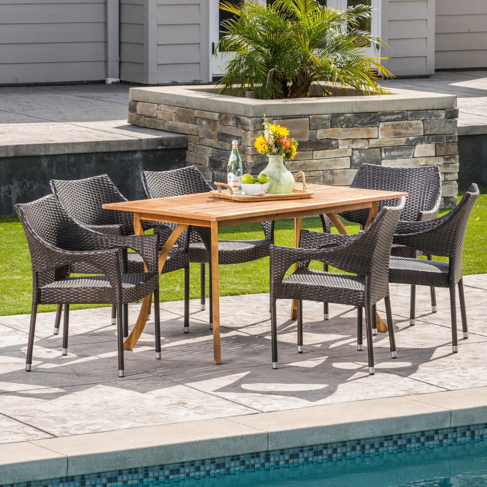 Photos - Dining Table Nora 7pc Acacia & Wicker Dining Set: Elegant Outdoor Furniture by Christopher Knight Home