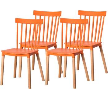 Fabulaxe Plastic Dining Chair Windsor Design with Beech Wood Legs, Orange Set of 4