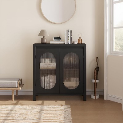 Garvee 31-Inch Small Sideboard Buffet Cabinet with Glass Doors and Adjustable Shelf – Modern Black Engineered Wood Storage Console