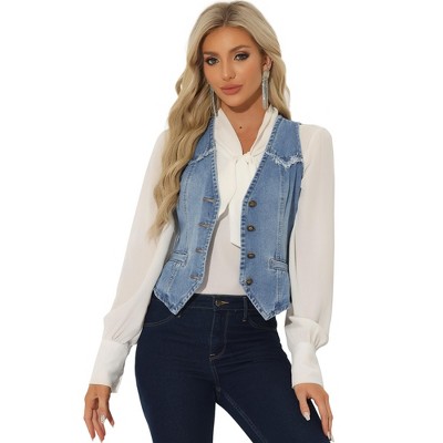 INSPIRE CHIC Women's Denim Sleeveless Collarless Washed Distressed Jean Vest
