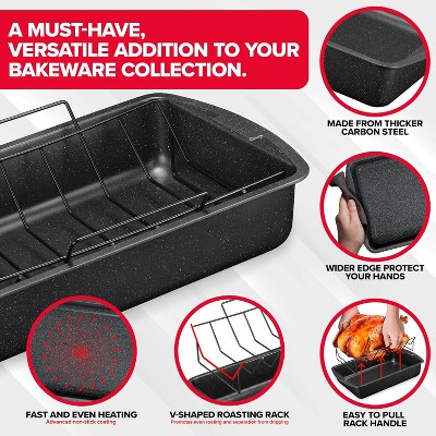 BAKKEN Large Gray Marble Nonstick Carbon Steel Turkey Roasting Pan with Rack