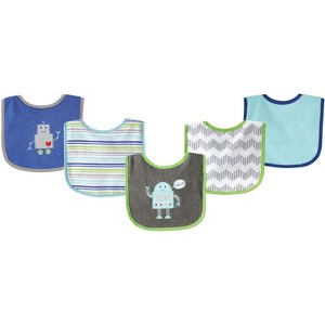 Luvable Friends Baby Boy Cotton Terry Drooler Bibs with PEVA Back 5pk, Robot, One Size - 1 of 1