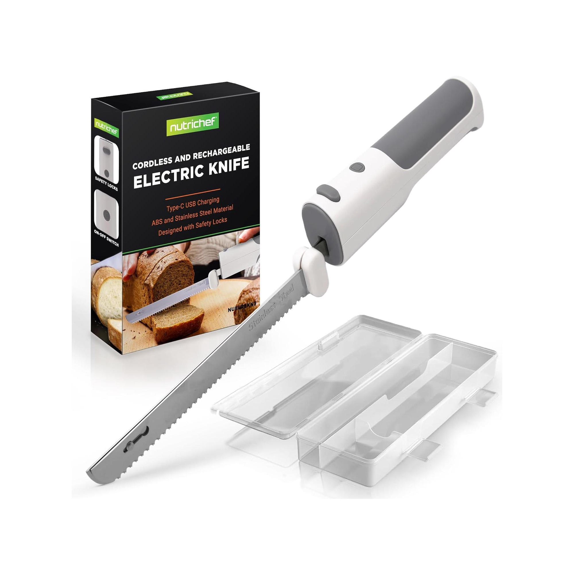 NutriChef Electric Bread Knife - USB Rechargeable, Lightweight Carving Knife with Contoured Grip Handle (White & Grey)
