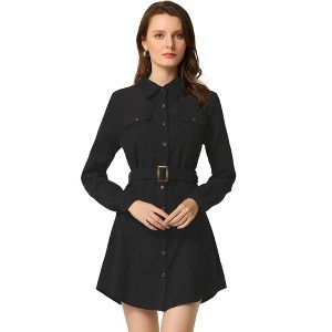 Allegra K Women's Corduroy Safari Point Collar Belted Button Down Long Sleeve Shirt Dress - 1 of 4