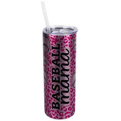 Elanze Designs Leopard Print Hot Pink Rose Gold 20 Ounce Double Wall Stainless Steel Glitter Travel Tumbler With Sliding Lid And Straw, Baseball Mom
