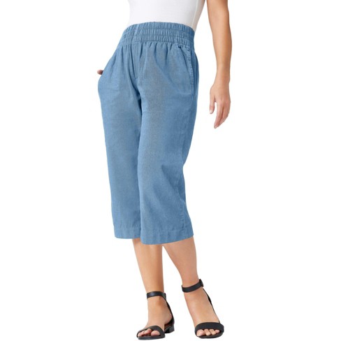 PLUS WASHED CHAMBRAY ELASTIC WAIST WIDE LEG PANTS