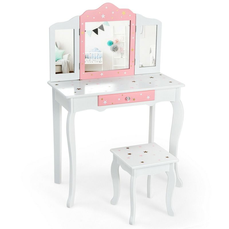 Costway Kids Vanity Princess Makeup Dressing Table Chair Set W/ Tri-folding Mirror, 1 of 11