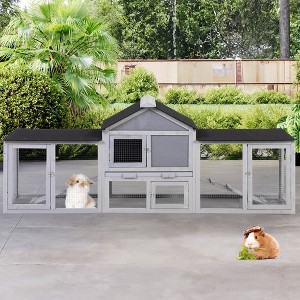 Sandinrayli 82.5in Wooden Rabbit Hutch - Outdoor/Indoor Easy-Assemble & Durable Hutch w/Cleaning Tray, Waterproof Roof for Small/Medium Bunnies (Gray) - 1 of 4