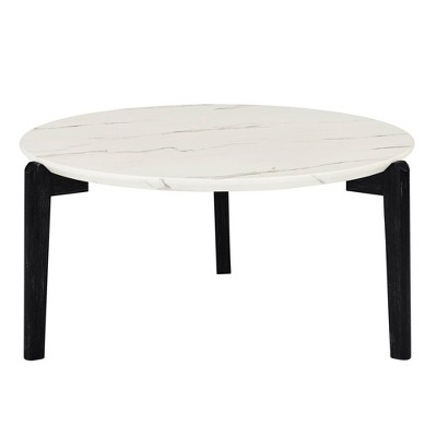 Maliang 36 Inch Round Small Coffee Table, Imitation Marble Tabletop With Rubber Wood Solid Wood Legs For Living Room, Office