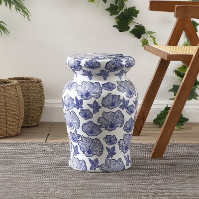 White and Blue Ceramic Floral Garden Stool