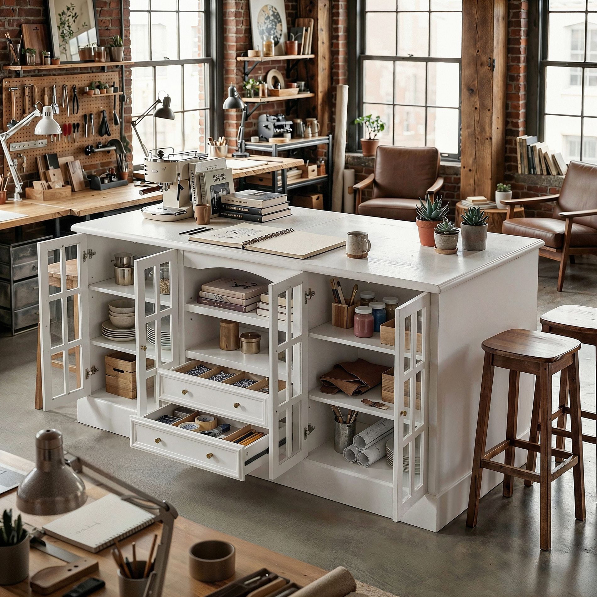 FamapyMultipurpose Craft Table with Storage Sewing Workstation Island for Art DIY Sewing Adjustable Shelves Thoughtful Mother’s Day Gift