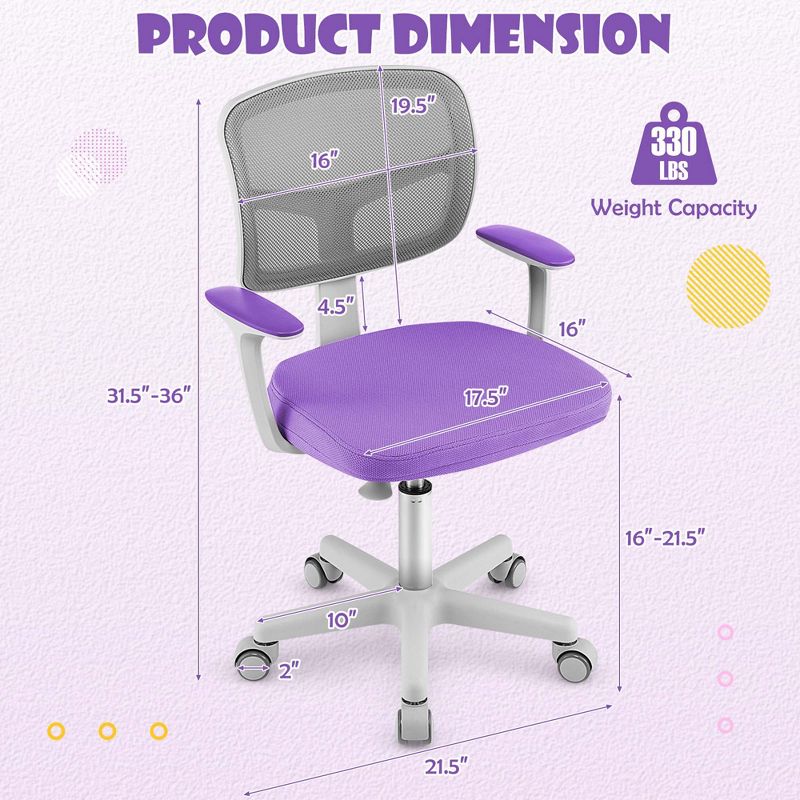 Costway Auto Lock Kids Mesh Chair with Armrests Height Adjustable 360-Degree Swivel Pink/Blue/Green/Purple/Grey, 3 of 11