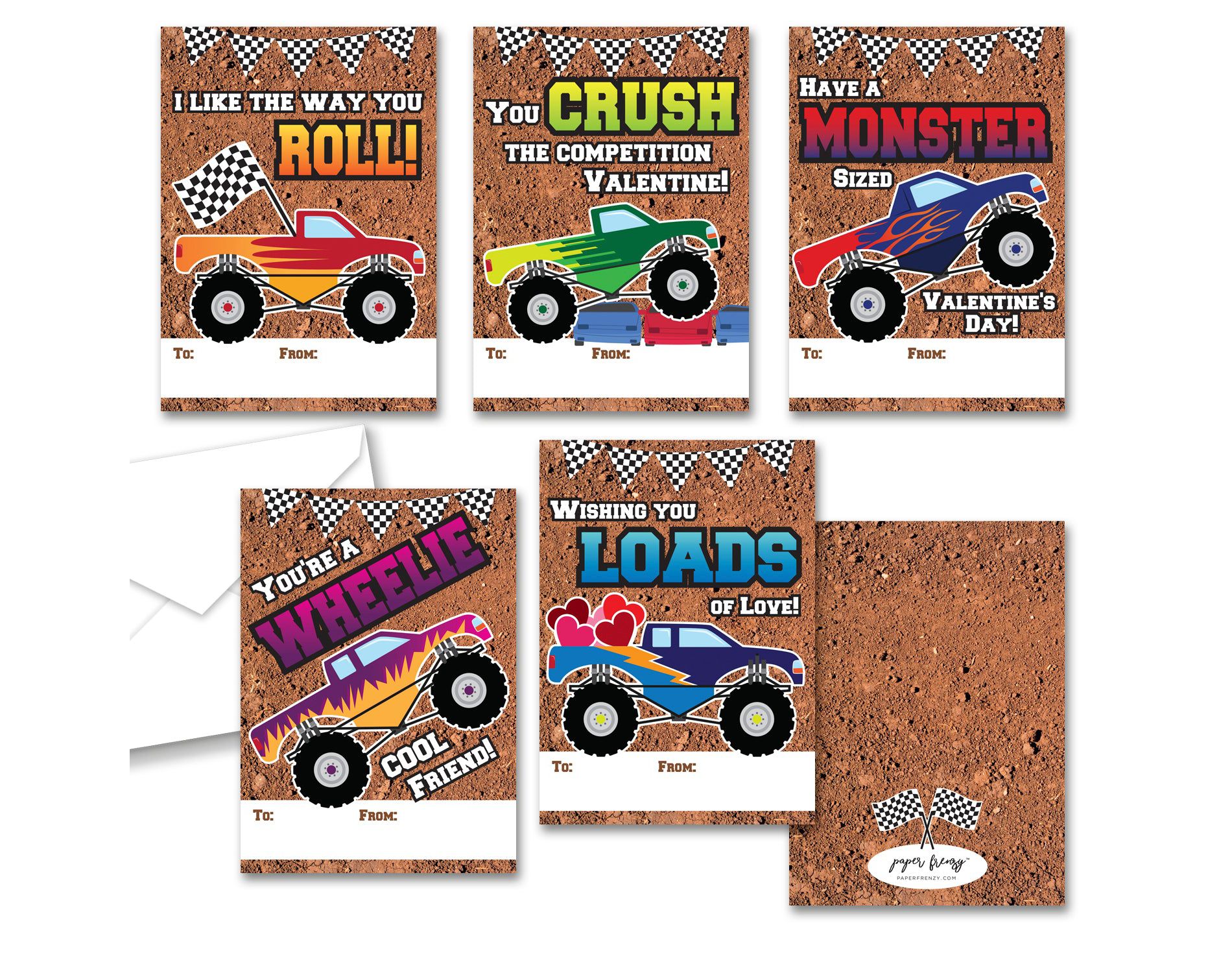 Paper Frenzy Monster Truck Themed Valentines - 25 pack WITH ENVELOPES