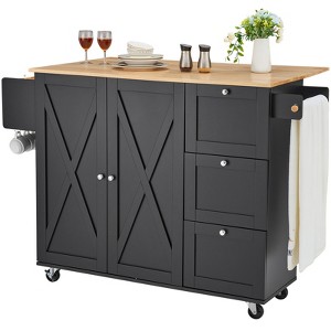 VEVOR Kitchen Island Cart, 56" Wood Top Mobile Carts with Storage Cabinet, Rolling Table with Drop Leaf, Spice Rack, Towel Bar, Adjustable Shelf - 1 of 4