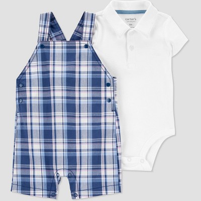 Image of Carter's Just One You®️ Baby Boys' Plaid Shortalls Top and Bottom Set - Blue/White 3M