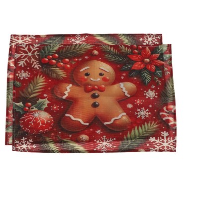 Unique Bargains Christmas Place Mats Gingerbread Man Flax Red Brown Green 11.8"x17.7" 2 Pcs