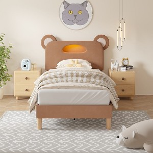 VECELO Twin Kid Bed Frame, Wooden Upholstered Platform Bed Frame with LED Lights & Bear-Shaped Adjustable Headboard, No Box Spring Needed, Brown - 1 of 4