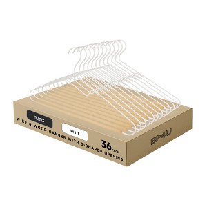 BP4U S-Shaped Metal Coat Hangers with Wooden Pants Bar, Reinforced Wire Hangers for Suits, Jackets, Sweaters, Jeans & Dresses - Black/White - 1 of 4