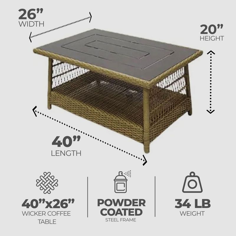 Four Seasons Courtyard Positano 40" x 26" Rectangular All-Weather Outdoor Open Weave Wicker Coffee Table with Decorative Top and Bottom Shelf, Brown, 2 of 7