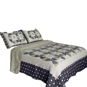 Slickblue 3PC Cotton Vermicelli Quilted Quilt Set Full/Queen with Floral Shams — Pre-Washed, Reversible - 1 of 4