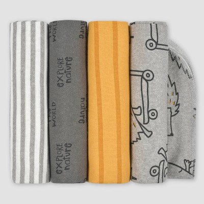 Image of Gerber Baby Boys' 4pk Hedgehog Flannel Blanket - Gray/Blue/Yellow