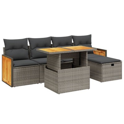 vidaXL 6 Piece Patio Sofa Set with Cushions Gray Poly Rattan - Gray without storage