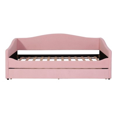 HomeRoots Pink Tufted Boucle Twin Day Bed With LED Lighting And Trundle And USB