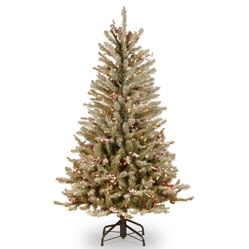 4.5ft National Christmas Tree Company Pre-Lit Dunhill Fir Hinged Artificial Christmas Tree with Snow, Red Berries, Cones with 350 Clear Lights, 1 of 6