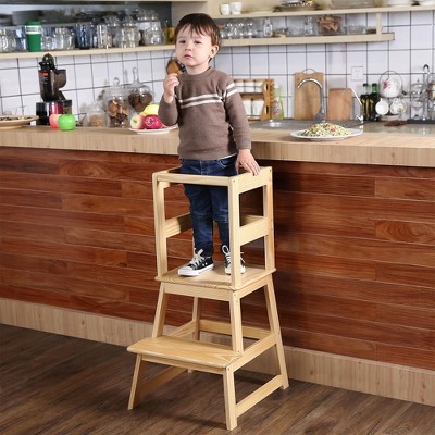 Natural Pine 2-Step Kids Kitchen Stool with Safety Rail