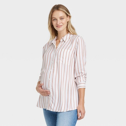 Long Sleeve Casual Woven Maternity Shirt - Isabel Maternity by Ingrid &  Isabel™ White Striped XXL